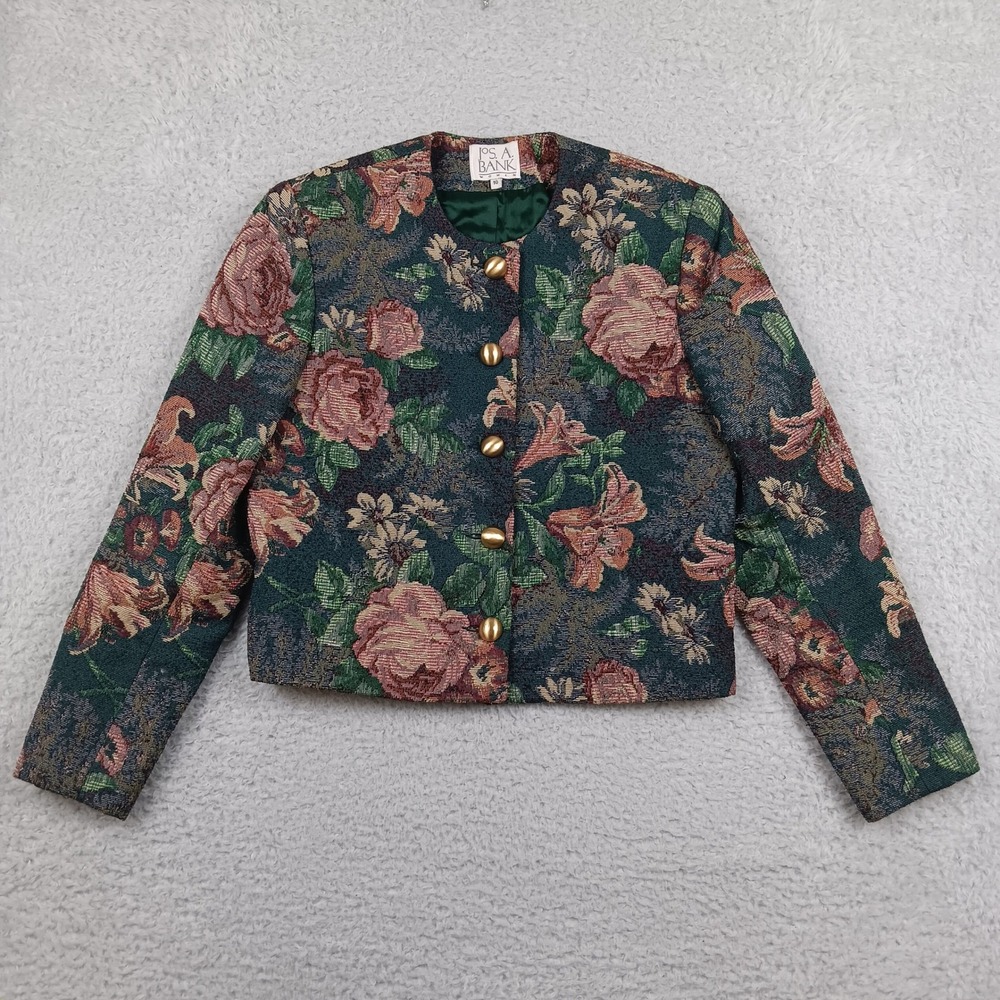 VTG Jos. A. Bank Blazer Tapestry Women 10 Green Floral Gold Button 90s Jacket - Picture 1 of 7